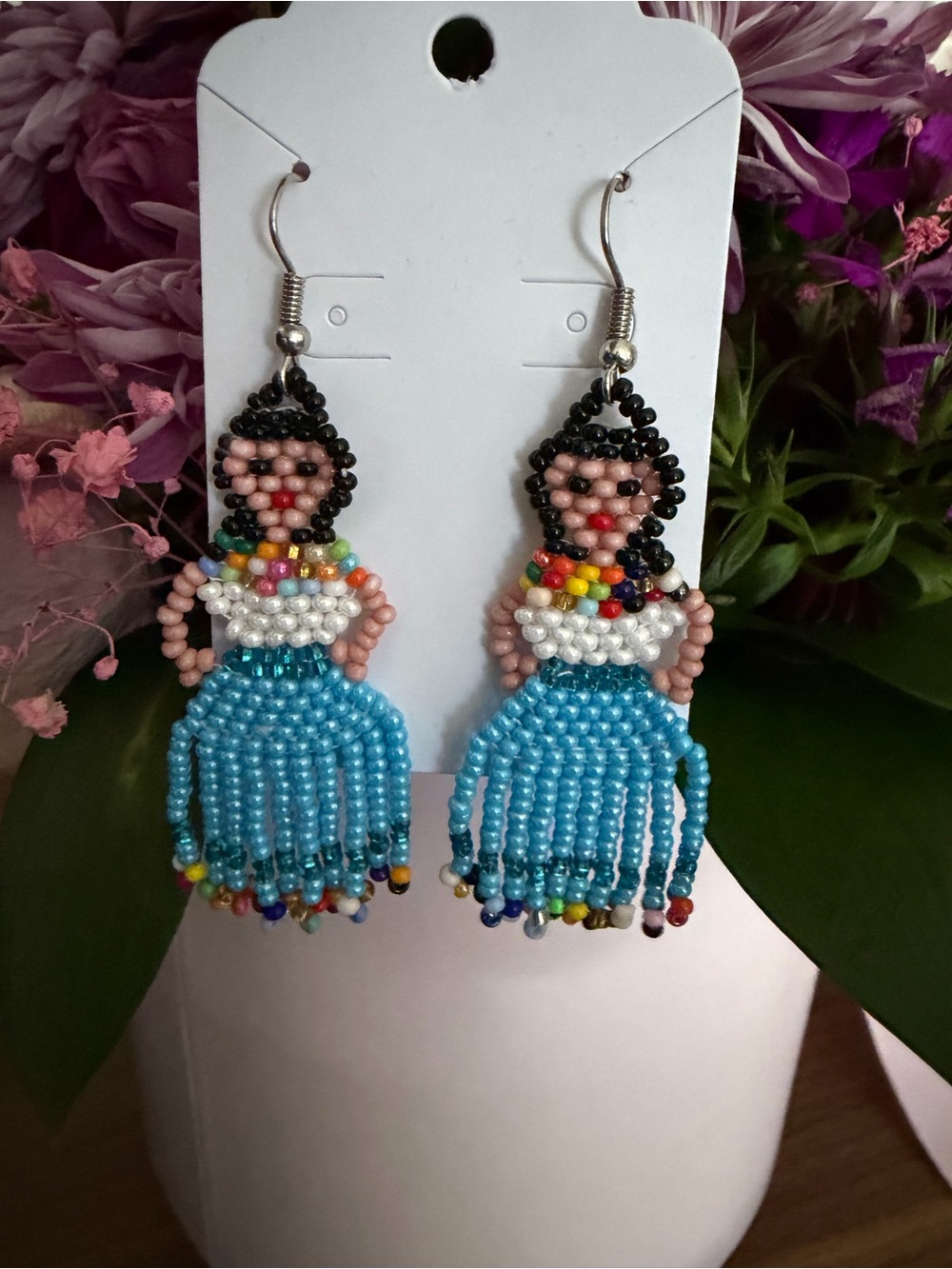 Handmade Blue Beaded Doll Earrings
